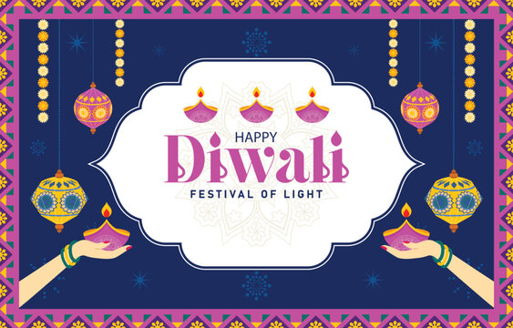 Diwali festival poster design with lights lanterns, candles and flowers