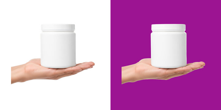 Human hand holding a blank white plastic container for cosmetic cream mockup transparent png