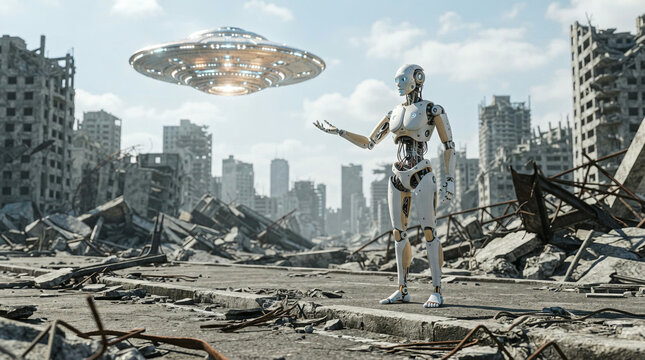 Robot raising a palm among collapsed towers under a metallic flying disc