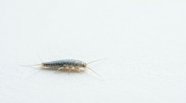 Silverfish insect moving across a plain matte white indoor wall surface