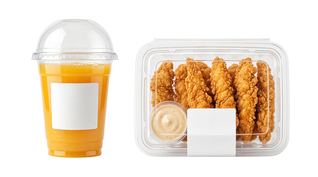 Crispy fried chicken tenders in plastic container, fresh orange juice cup mockup, fast food takeaway combo set with dipping sauce isolated PNG with Transparent Background