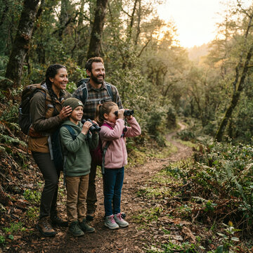 Family of four looking through binoculars on a dirt path in a green forest