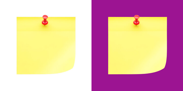 Square yellow sticky note with a red push pin for office or school memo needs transparent png
