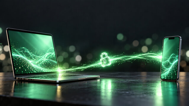 Secure wireless data transfer between laptop and smartphone with glowing green encrypted padlock icon for cybersecurity privacy and cross device synchronization concept