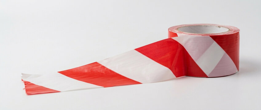 Red and white striped caution tape unrolling on a white background indicating danger or restriction