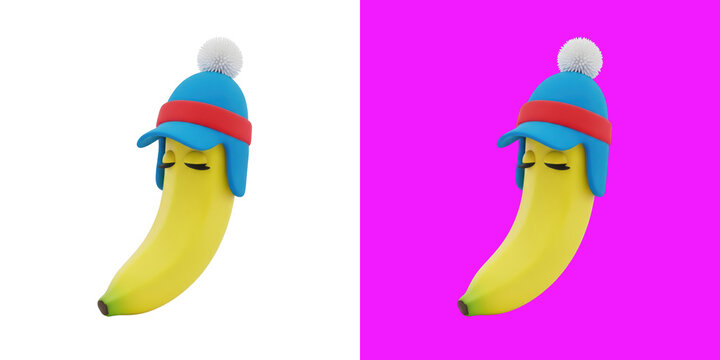 Cute cartoon banana character wearing a blue winter hat 3D render transparent background, png