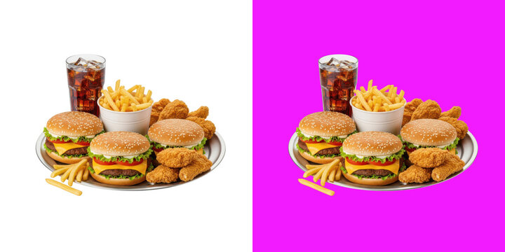 Delicious fast food combo platter with burgers fries chicken and cold soda drink transparent background, png
