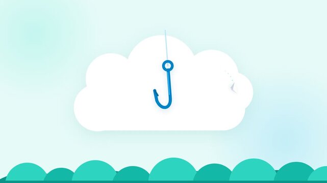Fishing Hook Suspended from a Cloud over Abstract Ocean Waves