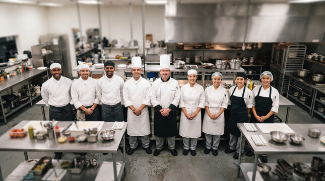 Diverse culinary team posing for a group portrait in a professional kitchen