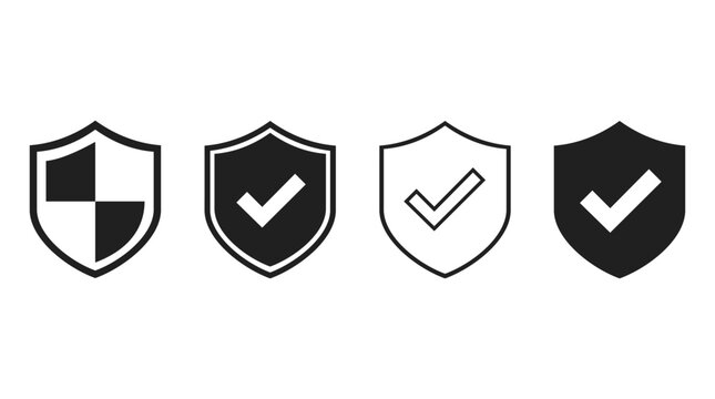 Set of black and white security shield symbols with check mark for protection.