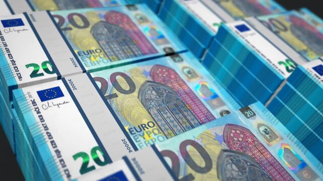 European money Euro pack loop 3d animation. Loopable seamless concept of finance, cash, economy, business and bank. Camera moving over EU 20 EUR banknote bundle stacks.