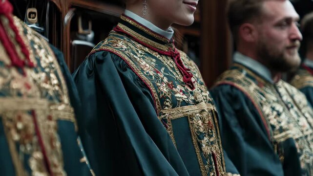 Close-up of ornate gold-embroidered choir vestments in a cathedral. Group of singers standing during a choral performance. Sacred music concept