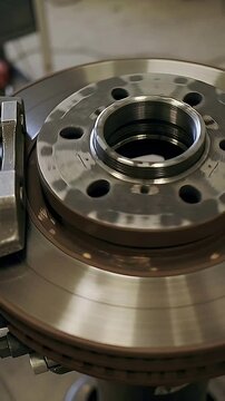 Vertical video: Recording camera panning over brake rotor hub and caliper at garage for inspection