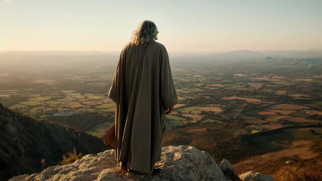 Elderly wise man in a rustic robe standing on a rocky mountain summit. Biblical prophet or philosopher looking over a vast valley at sunset. Contemplation and wisdom concept