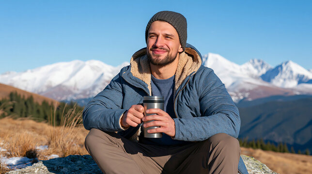 Man sipping hot beverage while sitting on mountain rock in winter
