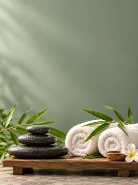 Wet black spa stones and rolled towels against a sage green wall