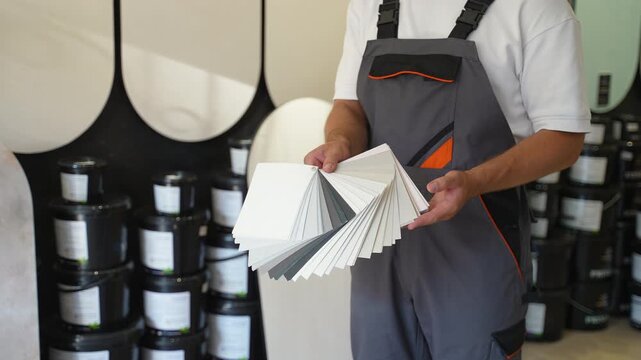 Painter choosing wall paint color from swatch palette