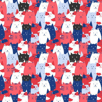 A whimsical, seamless pattern featuring cats in red and blue.