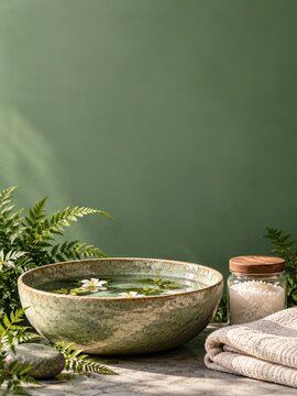 Floating white flowers in a green spa bowl with fern leaves with copy space