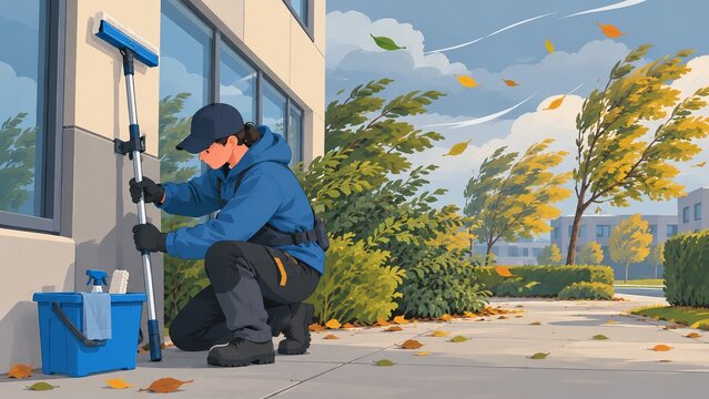 Window cleaner pausing a ground-level task during unsafe gusts