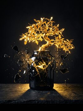 A glowing golden oak tree shattering the dark glass jar it was trapped in, symbolizing outgrowing your environment and breaking limits.