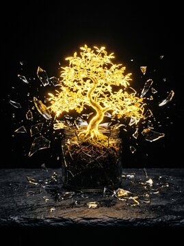 A glowing golden oak tree shattering the dark glass jar it was trapped in, symbolizing outgrowing your environment and breaking limits.