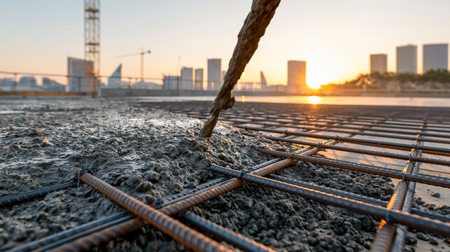 A close up shot of liquid wet concrete pouring from a hose onto a steel rebar mesh foundation during a building construction process with a city skyline at sunset.