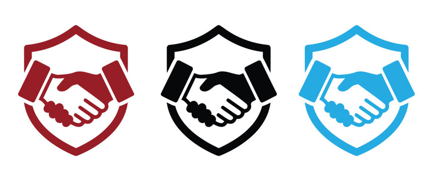 Illustrations of shields with a handshake motif symbolizing trust and protection