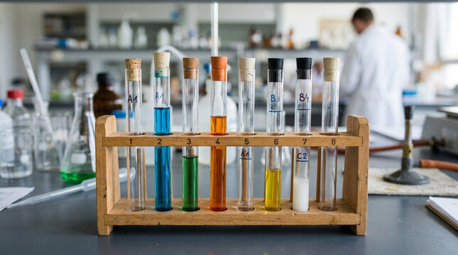 Laboratory test tubes with colored liquids in a wooden rack scientist in background scientific research chemistry experiment