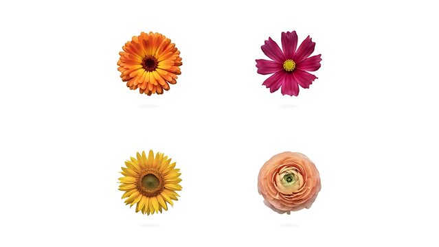 Close up of colorful fresh flowers arranged individually on clean background