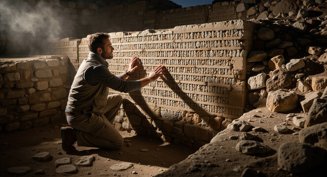 Archaeologist examining ancient stone inscriptions in a ruin. Male explorer touching carved symbols on a weathered wall at an excavation site. History and discovery concept