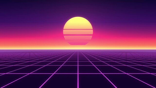 Moving thin line grid perspective floor stretching to horizon with soft gradient sky, retro 4K loop