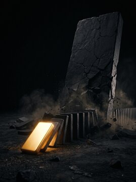 A tiny glowing golden domino knocking over massive dark slabs in a chain reaction, symbolizing the 1% rule and the compound effect.