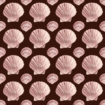Seamless pattern watercolor red Seashells. Ocean Cockleshell shells marine underwater. Hand drawn illustration sea Shell burgundy background. Colorful drawing Scallop. Print decoration fabric wrapp