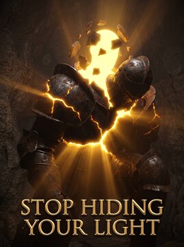 Brilliant golden light cracking through heavy dark iron armor, featuring a quote about overcoming imposter syndrome and true authenticity.