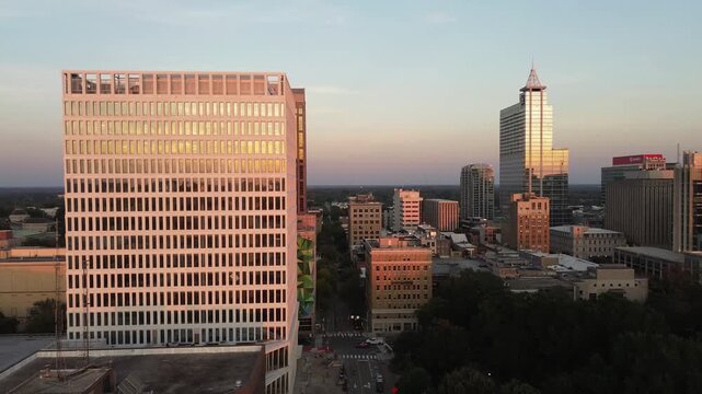 Aerial view of the downtown Raleigh, North Carolina skyline including the new city hall building at left