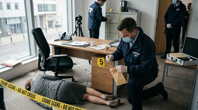 Forensic investigators examine crime scene in office with victim evidence markers and yellow tape