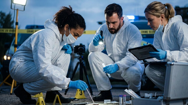 Forensic Investigators Examining Crime Scene Evidence Under Blue Emergency Lights