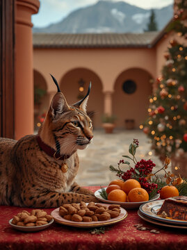 Majestic Iberian lynx in velvet collar rests beside a Spanish Christmas feast of oranges, almonds and turr&oacute;n in a terracotta courtyard with festive tree, winter holiday 2027 card