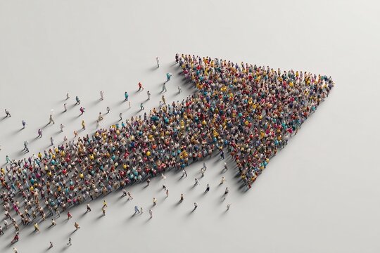 Isometric view of a crowd of tiny people standing in the shape of a large forward arrow seen from above, shared direction, 3D illustration