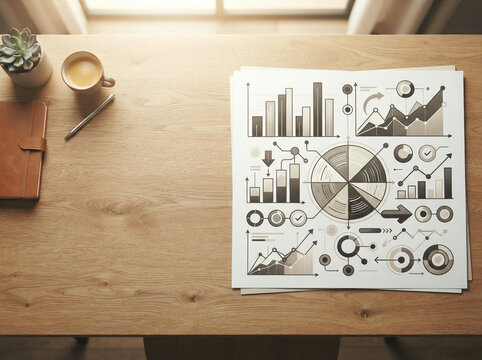 Overhead data chart sheet with a mug and notebook on a warm wooden table