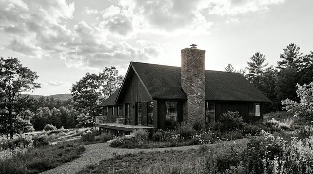 Grayscale house on a grassy hillside with wildflowers and rolling hills