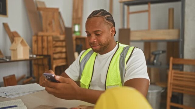 Man carpenter wearing a high visibility vest in a workshop smiling and pumping fist while holding smartphone at a workbench with papers and model house; satisfaction joy.