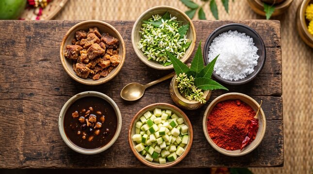 Six tastes of Ugadi pachadi arranged in bowls flat lay. Traditional ingredients for Telugu New Year celebration