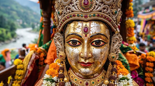 Close up of Lord Raghunath golden idol decorated with crown and flowers. Hindu deity during Kullu Dussehra festival in Himachal Pradesh rath chariot