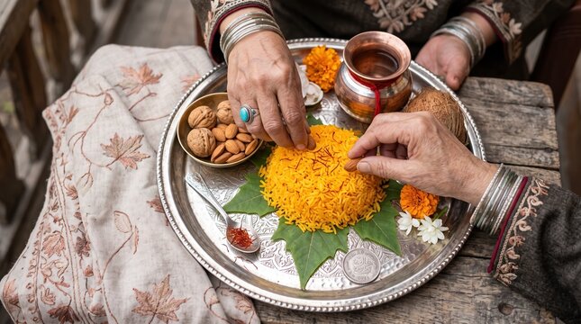 Kashmiri pandit hands arranging traditional thali for Navreh festival. Saffron rice on chinar leaf with dry fruits and coin for new year celebration