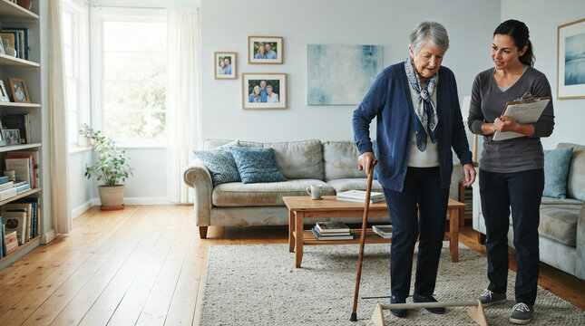 Older woman practices balance with a cane while a younger woman observes at home