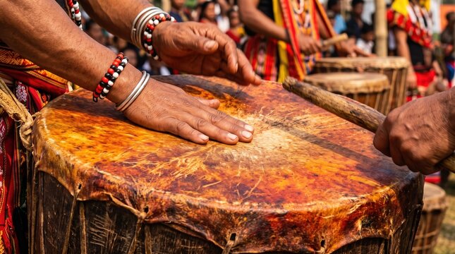 Hands beating traditional leather drum during Wangala festival celebration. Garo harvest festival musician performing percussion in Meghalaya