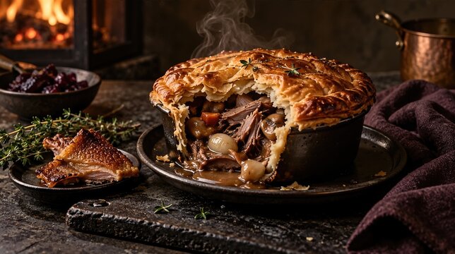 Savory duck pot pie with a golden flaky pastry crust broken to reveal rich meat filling, mushrooms and pearl onions. Cozy rustic dinner setting with a warm fireplace in the background