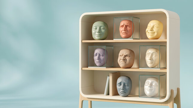 Collection of various human facial expressions on masks displayed on a modern wooden shelf